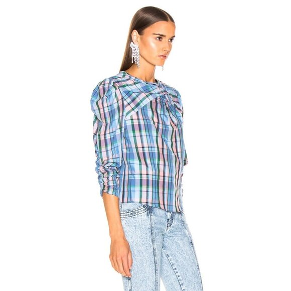 Isabel Marant Esmee Twisted Plaid Puff Shoulder Blouse in Blue Pink Green‎ - Picture 3 of 14